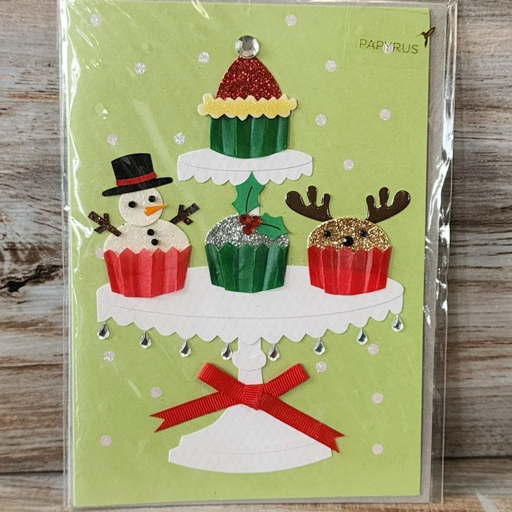 Papyrus Christmas Card Holiday Cupcakes Snowman Reindeer 3D Glitter Jewel